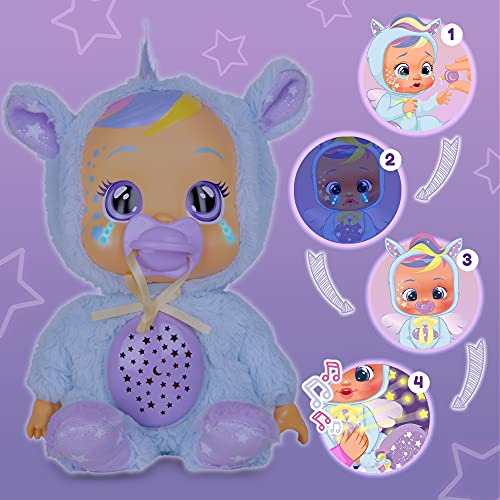 BEBÉS LLORONES Goodnight Starry Sky Jenna | Suave muñeca quitamiedos para Dormir, Que llora lágrimas LED, Proyecta Cielo de Estrellas con Música Relajante + Portabebés