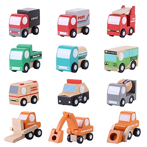 Belissy Coches De Madera Para NiñOs, 12pcs / Conjunto de madera del niño del bebé de dibujos animados de coches de juguete Aprendizaje Temprano Educación Tráfico Juguetes regalo de los niños