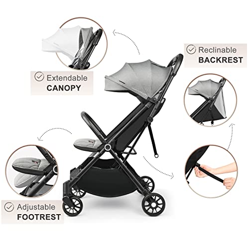 besrey Silla de Paseo Ligera, Plegado Automatico Carrito，Capota Desplegable para Niños, Gris