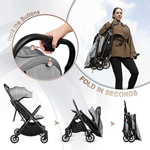 besrey Silla de Paseo Ligera, Plegado Automatico Carrito，Capota Desplegable para Niños, Gris