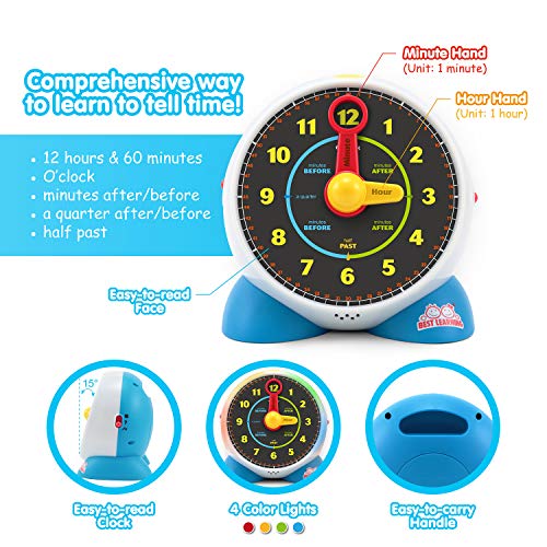 BEST LEARNING Reloj de Aprendizaje - Charla educativa aprende a Decir la Hora Juguete de luz con cuestionario y Modo de Dormir música de Cuna para niños pequeños (Versión en inglés)