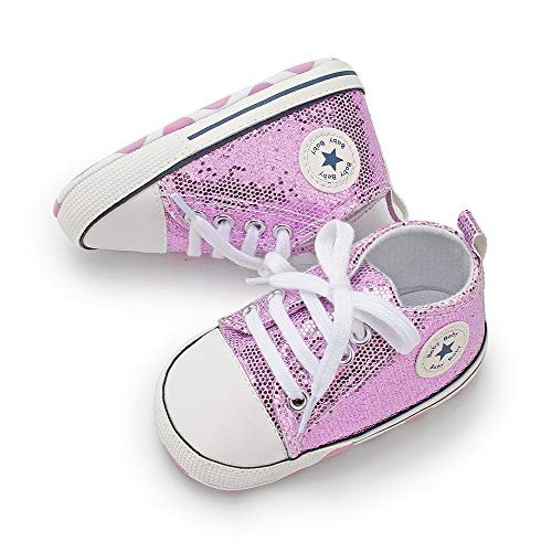 BiBeGoi Bebé Bebé Niños Niñas Zapatillas De Lona De Alta Parte Superior Con Cordones Cuna Casual Zapatos Recién Nacidos Primeros Caminantes Cribster Zapato, C01 Lentejuelas Púrpura, 6-12 meses