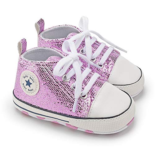 BiBeGoi Bebé Bebé Niños Niñas Zapatillas De Lona De Alta Parte Superior Con Cordones Cuna Casual Zapatos Recién Nacidos Primeros Caminantes Cribster Zapato, C01 Lentejuelas Púrpura, 6-12 meses