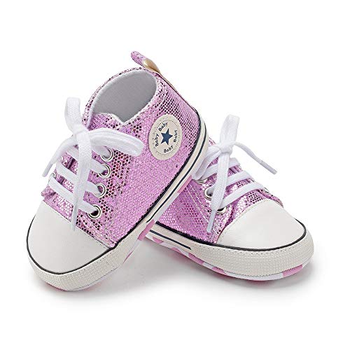 BiBeGoi Bebé Bebé Niños Niñas Zapatillas De Lona De Alta Parte Superior Con Cordones Cuna Casual Zapatos Recién Nacidos Primeros Caminantes Cribster Zapato, C01 Lentejuelas Púrpura, 6-12 meses