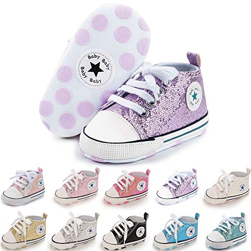 BiBeGoi Bebé Bebé Niños Niñas Zapatillas De Lona De Alta Parte Superior Con Cordones Cuna Casual Zapatos Recién Nacidos Primeros Caminantes Cribster Zapato, C01 Lentejuelas Púrpura, 6-12 meses