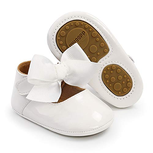 BiBeGoi Zapatos de ballet para recién nacidos, con lazo, Mary Jane, suela antideslizante, para niñas y bebés, para primera caminata, A blanco., 12-18 meses