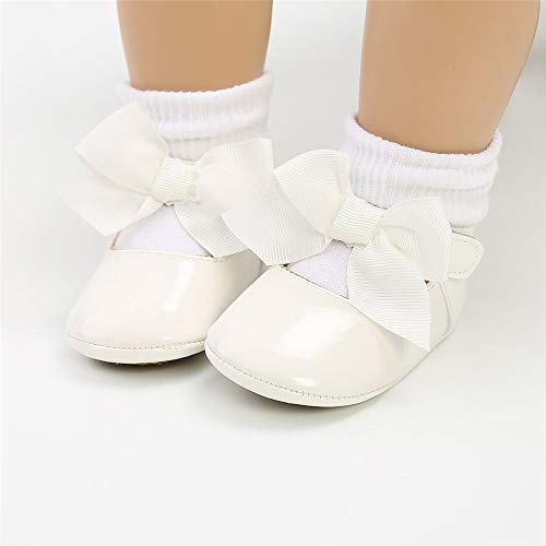 BiBeGoi Zapatos de ballet para recién nacidos, con lazo, Mary Jane, suela antideslizante, para niñas y bebés, para primera caminata, A blanco., 12-18 meses