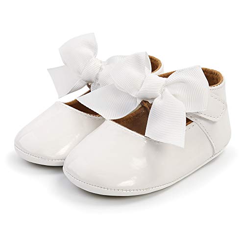 BiBeGoi Zapatos de ballet para recién nacidos, con lazo, Mary Jane, suela antideslizante, para niñas y bebés, para primera caminata, A blanco., 12-18 meses