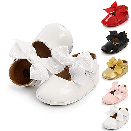 BiBeGoi Zapatos de ballet para recién nacidos, con lazo, Mary Jane, suela antideslizante, para niñas y bebés, para primera caminata, A blanco., 12-18 meses