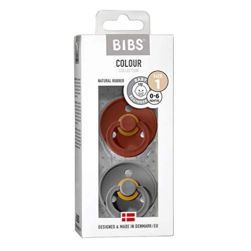 BIBS Colour Paquete de 2 chupetes. Libre de BPA, Tetina redonda. Látex natural, Talla 1 (0-6 meses), Rust / Smoke