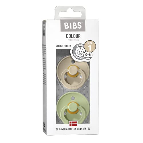 BIBS Colour Paquete de 2 chupetes. Libre de BPA, Tetina redonda. Látex natural, Talla 1 (0-6 meses), Sand/Pistachio