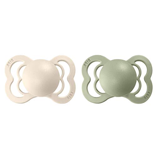 BIBS Supreme Paquete de 2 chupetes. Libre de BPA, Tetina con forma simétrica. Silicona, Talla 1 (0-6 meses), Ivory / Sage