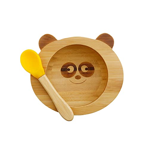 BIOZOYG Juego de bols de bambú Oso Panda I Bol con Ventosa y Cuchara - Certificado FSC I Bol de Madera de bambú p. niños - Bol de de Cereales para bebés I vajilla de bambú para bebés Amarillo