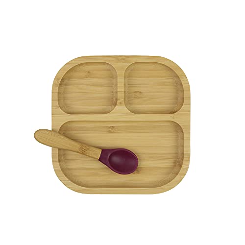 BIOZOYG Juego de Platos de bambú Cuadrados I Plato con Ventosa y Cuchara - Certificado FSC I Platos Madera de bambú p. niños - Plato y Cuenco para niños I vajilla bambú para bebés Cuadrada Rojo