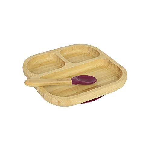 BIOZOYG Juego de Platos de bambú Cuadrados I Plato con Ventosa y Cuchara - Certificado FSC I Platos Madera de bambú p. niños - Plato y Cuenco para niños I vajilla bambú para bebés Cuadrada Rojo