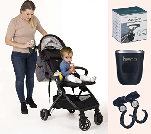 Bisoo Portavasos + 2 Ganchos Carro Bebe - Tira de Ajuste Universal para Manillar Cochecito Carrito Silla de Paseo o Silla de Ruedas - Soporte para Café, Bebida, Lata, Botella y Bolsas (Negro)