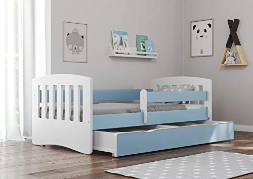 Bjird Cama Infantil 180x80 Cama para Niños con Barrera de protección contra caídas. cajones extraíbles y Base de Listones para niñas y niños - Azul 80 x 180 cm