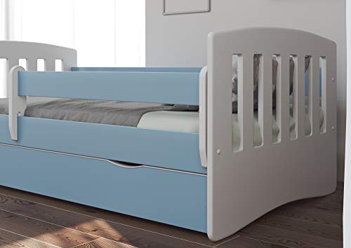 Bjird Cama Infantil 180x80 Cama para Niños con Barrera de protección contra caídas. cajones extraíbles y Base de Listones para niñas y niños - Azul 80 x 180 cm