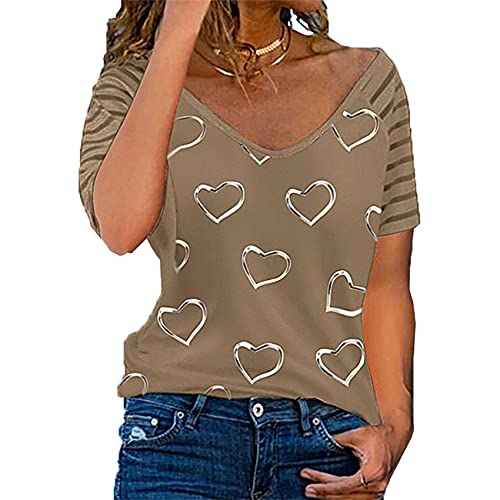 Blusas de Mujer de Primavera y Verano con Estampado de Amor Fresco y Dulce Camiseta de Manga Corta con Cuello en V y Manga Corta Suelta