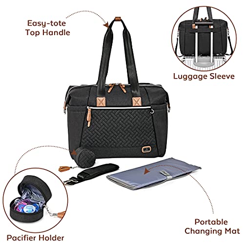 Bolso cambiador para bebé, bolsos de pañales tamaño grande Dikaslon para mamá y papá, bolso de mano elegante para viaje con porta chupete y cambiador（negro）