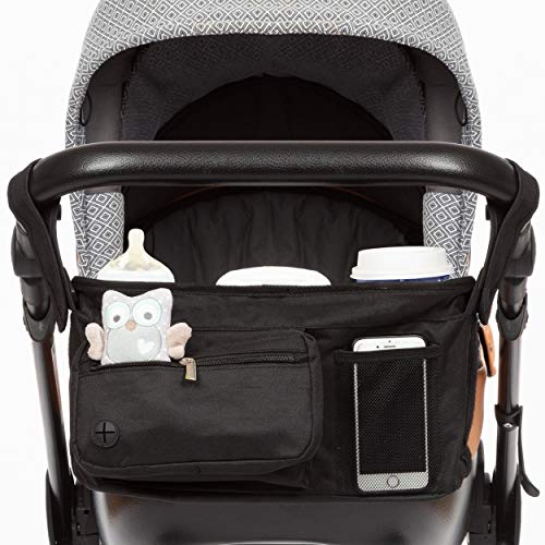 Bolso Carrito Bebe | Cochecito Organizador Universal Con Portavasos | Gran Capacidad para todos Accesorios Bebe | Incl. Ganchos Cochecito, Portavasos, Correas el Hombro y Bolsa con Cremallera | Negra