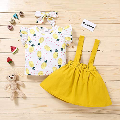 Bonfor 3 Piezas Ropa Bebe Niña Verano 1 año - 3 años Conjuntos Algodon 9-24 Meses, Camiseta de Floral + Falda de Tirantes + Banda de Pelo (Amarillo, 2-3 años)