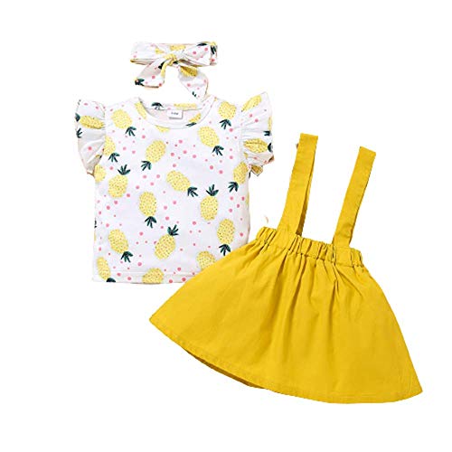 Bonfor 3 Piezas Ropa Bebe Niña Verano 1 año - 3 años Conjuntos Algodon 9-24 Meses, Camiseta de Floral + Falda de Tirantes + Banda de Pelo (Amarillo, 2-3 años)