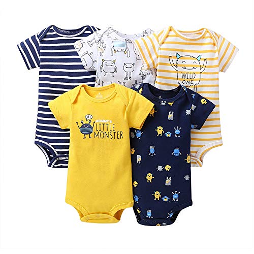 Bonfor Pack de 5 Bodies Bebé Manga Corta Pijama Mono Niña Mameluco para Bebé Niños Recien Nacido Trajes Baño Ropa de Verano Algodón Pelele (T~Monstruo, 3-6 meses)