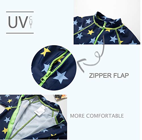 Bonverano – Bañador para bebé con una pieza de manga corta, protección UV 50+, ropa con una cremallera Azul y verde con estrellas. 62 cm-68 cm