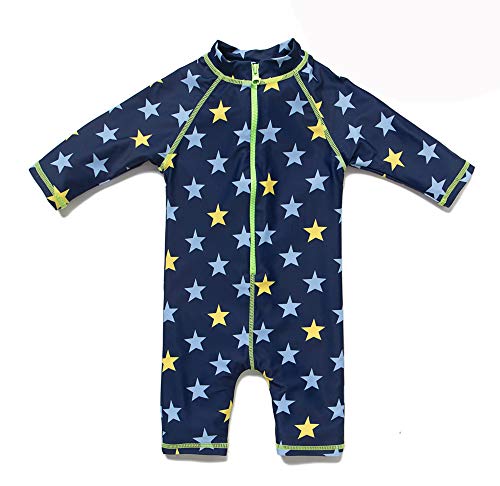 Bonverano – Bañador para bebé con una pieza de manga corta, protección UV 50+, ropa con una cremallera Azul y verde con estrellas. 62 cm-68 cm