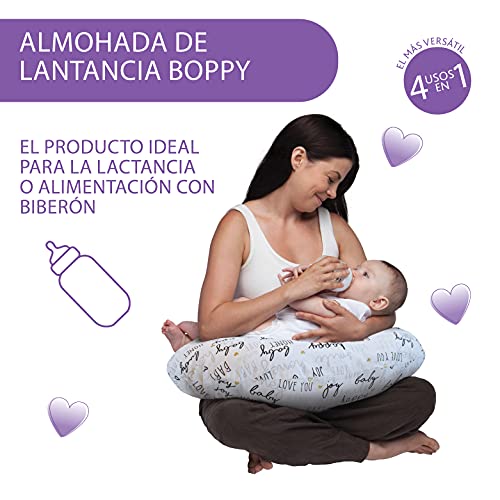 Boppy Cojin de Lactancia para Bebés de 0+ Meses, Forma Ergonómica e Indeformable, Miracle Middle, Almohada y Nido Bebé para la Lactancia Materna o con Biberón - Gris Letras (Hello Baby)