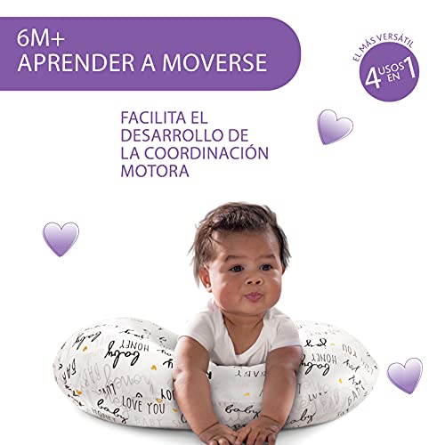 Boppy Cojin de Lactancia para Bebés de 0+ Meses, Forma Ergonómica e Indeformable, Miracle Middle, Almohada y Nido Bebé para la Lactancia Materna o con Biberón - Gris Letras (Hello Baby)