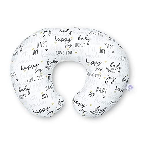 Boppy Cojin de Lactancia para Bebés de 0+ Meses, Forma Ergonómica e Indeformable, Miracle Middle, Almohada y Nido Bebé para la Lactancia Materna o con Biberón - Gris Letras (Hello Baby)