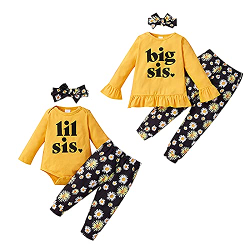 Borlai Conjuntos a juego para bebé niña Big Little Sister Floral Romper Camisa Top Daisy Pantalones estampados Diadema Conjunto de ropa (5-6 años, Hermanas grandes)