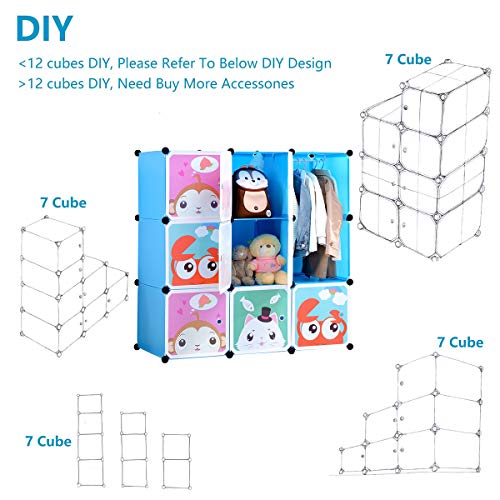 BRIAN & DANY Armario Modular Infantil de Puertas con Dibujos Animados, Estantería Portátil para Guardar Ropa, Zapatos, Juguetes, Azul, 110 x 47 x 110 cm