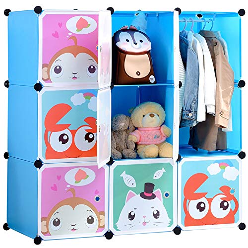 BRIAN & DANY Armario Modular Infantil de Puertas con Dibujos Animados, Estantería Portátil para Guardar Ropa, Zapatos, Juguetes, Azul, 110 x 47 x 110 cm