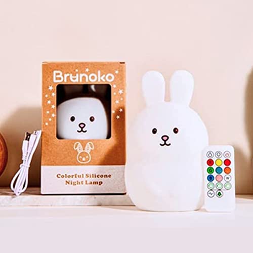 BRUNOKO luz nocturna infantil - lámpara quitamiedos portátil y USB recargable - lámpara infantil LED multicolor con mando - luz bebe Silicona suave y lavable - luz quitamiedos Diseñado en España