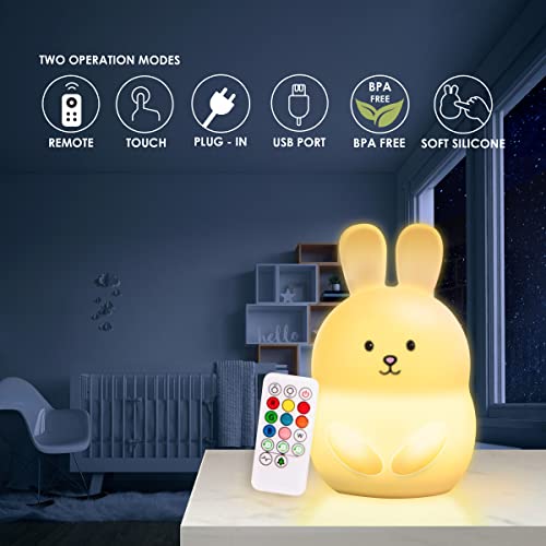 BRUNOKO luz nocturna infantil - lámpara quitamiedos portátil y USB recargable - lámpara infantil LED multicolor con mando - luz bebe Silicona suave y lavable - luz quitamiedos Diseñado en España