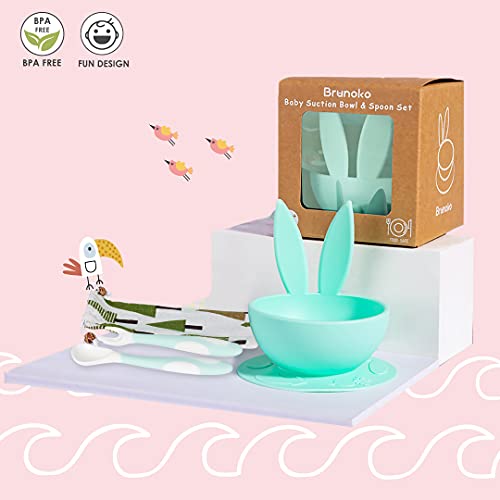 Brunoko Vajilla Bebé Set de Plato Ventosa + Cubiertos -Cuenco y Cuchara Silicona Destete -Vajilla Infantil Antideslizante con Succión + Utensilios Infantiles Aprendizaje BLW- Diseñado en España