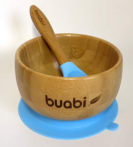 BUABI Vajilla de Bambú natural, set 3 piezas: Bowl Plato y Cuchara. Con ventosa antideslizante en la base. Bambú y silicona grado alimentario, Ecológico sin BPA (Azul)