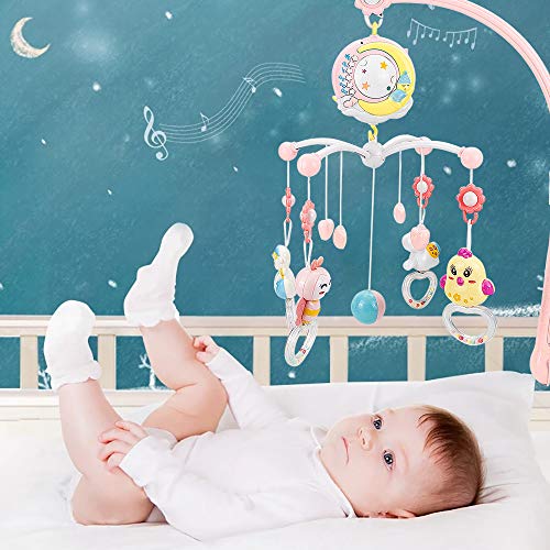 CALISTOUK Móvil Musical para Cuna de Bebé con Mando a Distancia Luz de Estrellas Campanilla Decoración Sonajero para Cama Juguete Proyector de Cuna para Bebés Recién Nacidos (rosa)