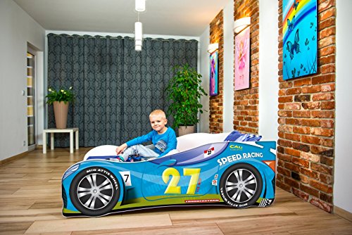 Cama infantil coche de carreras + somier (barandas) + colchón de espuma con cubierta (160 x 80 cm (3-8 años), blue 27)