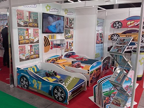 Cama infantil coche de carreras + somier (barandas) + colchón de espuma con cubierta (160 x 80 cm (3-8 años), blue 27)