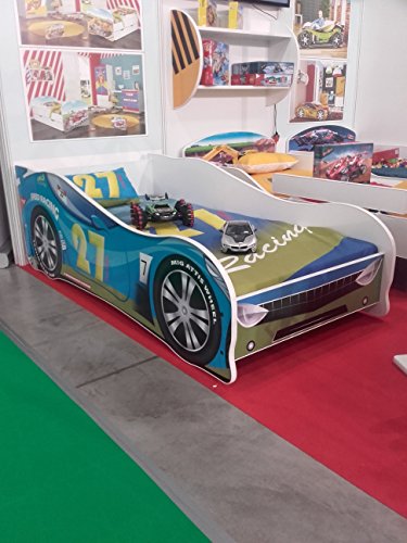 Cama infantil coche de carreras + somier (barandas) + colchón de espuma con cubierta (160 x 80 cm (3-8 años), blue 27)