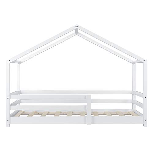 Cama para niños 90 x 200 cm Cama Infantil con Somier Estructura de Madera Pino En diseño de Casa con Reja de Seguridad Protección Blanco Lacado Mate