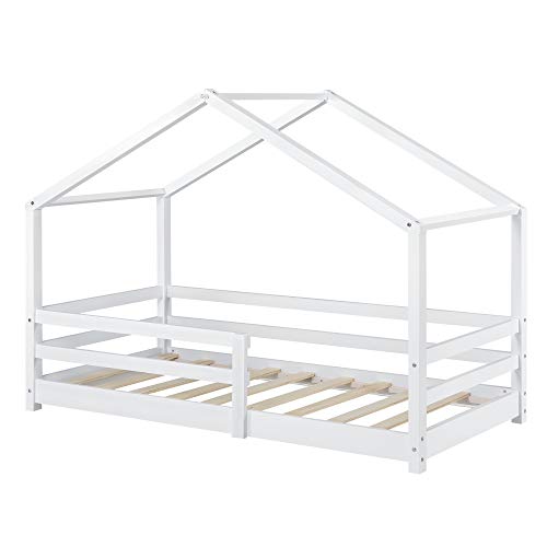 Cama para niños 90 x 200 cm Cama Infantil con Somier Estructura de Madera Pino En diseño de Casa con Reja de Seguridad Protección Blanco Lacado Mate