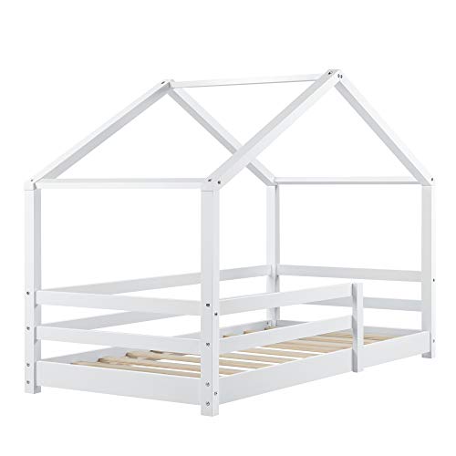 Cama para niños 90 x 200 cm Cama Infantil con Somier Estructura de Madera Pino En diseño de Casa con Reja de Seguridad Protección Blanco Lacado Mate