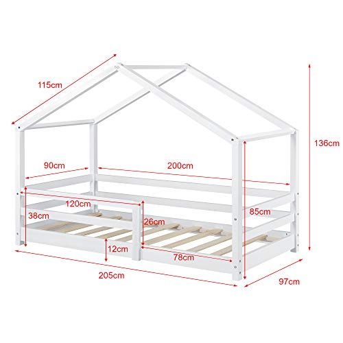 Cama para niños 90 x 200 cm Cama Infantil con Somier Estructura de Madera Pino En diseño de Casa con Reja de Seguridad Protección Blanco Lacado Mate