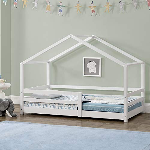 Cama para niños 90 x 200 cm Cama Infantil con Somier Estructura de Madera Pino En diseño de Casa con Reja de Seguridad Protección Blanco Lacado Mate