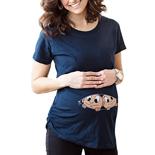 Camiseta de maternidad de manga corta divertida de embarazo bebé lindo mujeres embarazadas camisetas, Azul-gemelo, L